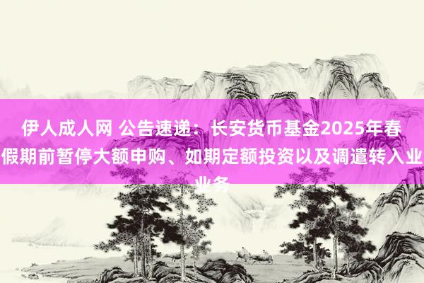 伊人成人网 公告速递：长安货币基金2025年春节假期前暂停大额申购、如期定额投资以及调遣转入业务